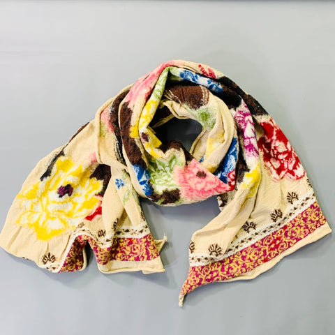 KAPITAL Beige Multi Color Floral Snakes Oversized Wool Scarf