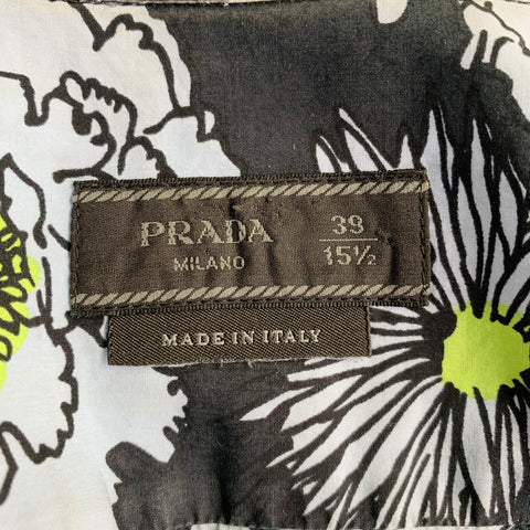 PRADA Size S Black Blue Green Floral Cotton Button Up One Pocket Short Sleeve Shirt