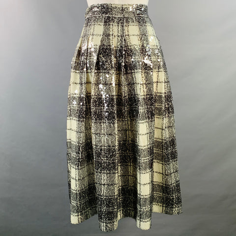 TANNER FLETCHER Size 2 Cream Black Polyester Plaid Pleated A-Line Skirt