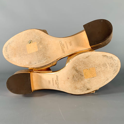 JIMMY CHOO Size 8.5 Gold Rose Leather Slip On Sandals