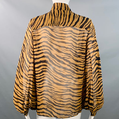 NILI LOTAN Size S Black Brown Silk Animal Print Bishop Sleeve Bow Blouse