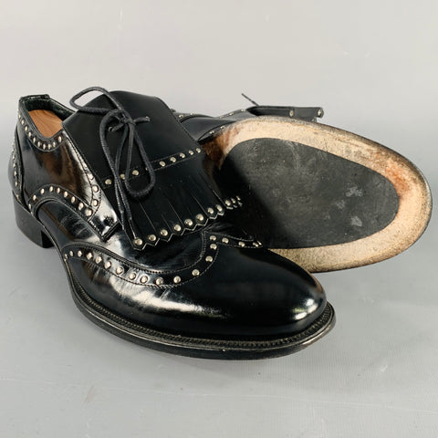 DSQUARED2 Size 11.5 Black Silver Studded Patent Leather Moccasin Lace-Up Shoes