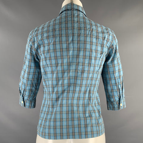 BURBERRY Size S Blue Black White Cotton Plaid Hidden Buttons Blouse