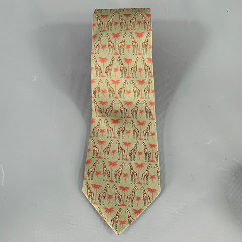 HERMES Green Beige Burgundy Giraffe Silk Tie