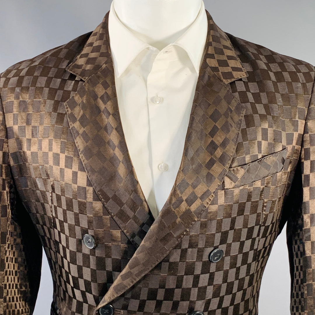 HAIDER ACKERMANN Size 38 Brown Checkered Jacquard Linen Silk Double Breasted Sport Coat