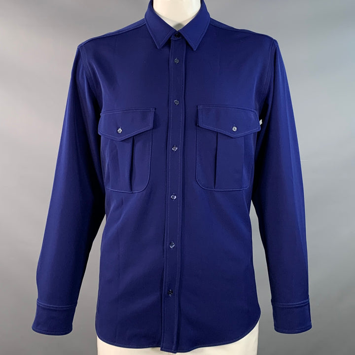 SIES MARJAN Size XL Blue Polyester Twill Patch Pockets Long Sleeve Shirt