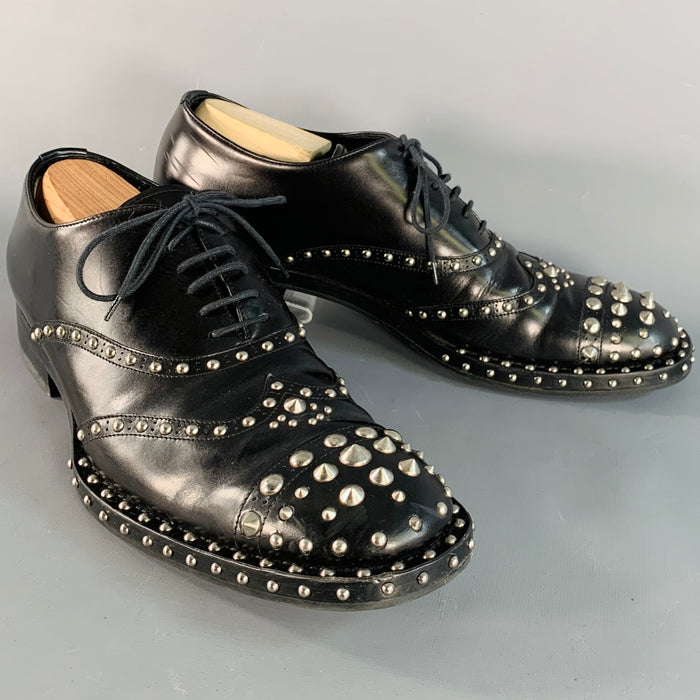 PRADA Size 10 Black Silver Studded Leather Cap Toe Lace Up Shoes