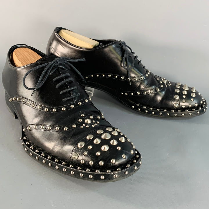 PRADA Size 10 Black Silver Studded Leather Cap Toe Lace Up Shoes