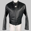 Black leather bomber jacket with a standing collar, zippered front, and extra long sleeves, displayed on a mannequin.