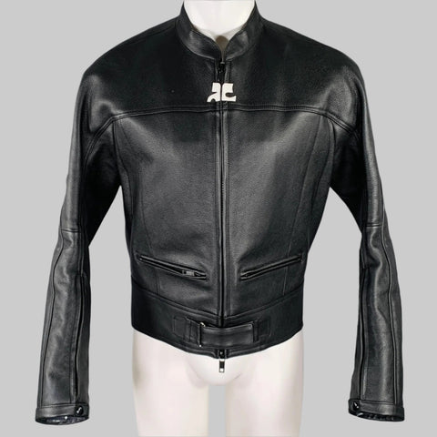 Black leather bomber jacket with a standing collar, zippered front, and extra long sleeves, displayed on a mannequin.