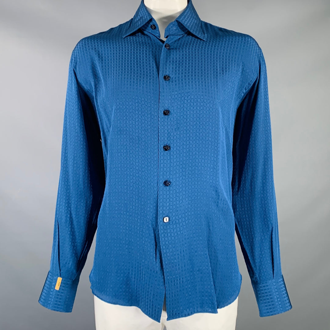 BILLIONAIRE COUTURE Size XL Blue Jacquard Silk Button Up Long Sleeve Shirt