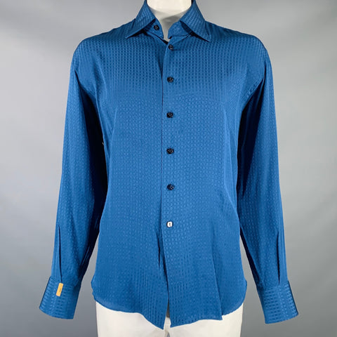 BILLIONAIRE COUTURE Size XL Blue Jacquard Silk Button Up Long Sleeve Shirt