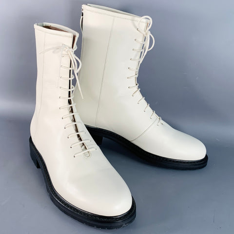 LEGRES Size 11 White Leathre Lace-Up Zipper Ankle Boots