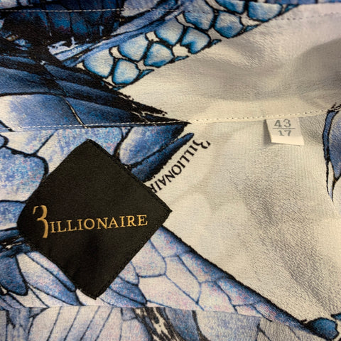 BILLIONAIRE COUTURE Size L White Blue Animal Print Silk Long Sleeve Shirt