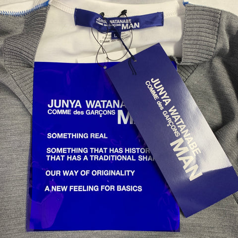 JUNYA WATANABE 2019 Size L White Grey Mixed Materials Silk Cotton V-Neck T-shirt