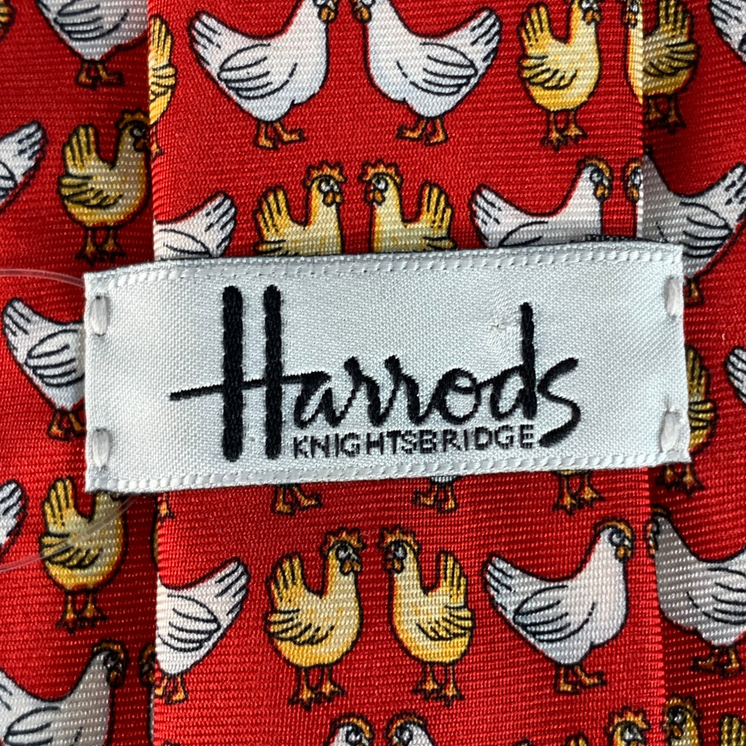 HARRODS Red Multi Color Birds Silk Tie