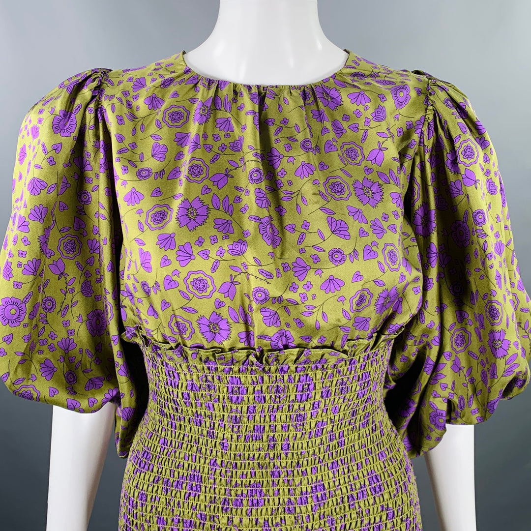 CYNTHIA ROWLEY Size XS Green Purple Silk Twill Floral Ruched Dress Sui Generis Designer Consignment CYNTHIA ROWLEY Size XS Green Purple Silk Twill Floral Ruched Dress Sui Generis Designer Consignment