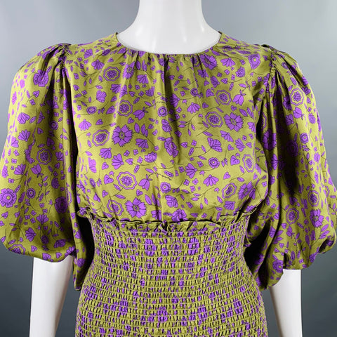 CYNTHIA ROWLEY Size XS Green Purple Silk Twill Floral Ruched Dress