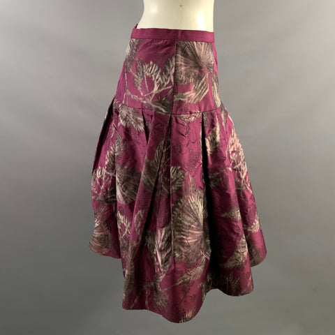 OSCAR DE LA RENTA F2008 Size 8 Purple Silver Silk & Metal Floral Pleated Skirt
