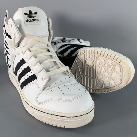 ADIDAS x JEREMY SCOTT Size 9.5 JS Wings 2.0 Pixel White Black Leather High Top Sneakers