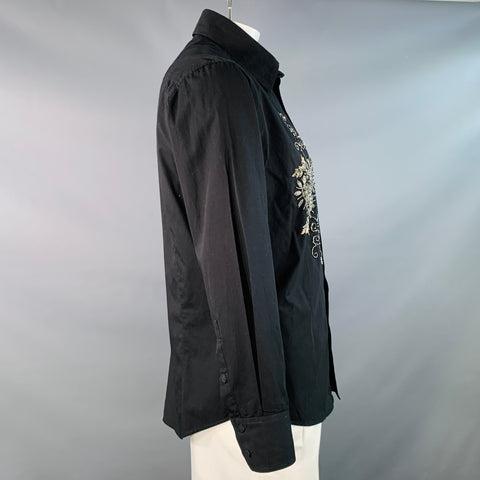 VERSACE Size L Black Gold Beaded Floral Cotton Button Up Long Sleeve Shirt
