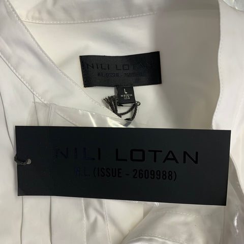 NILI LOTAN Size L White Cotton Pleated Collarless Tuxedo Long Sleeve Shirt