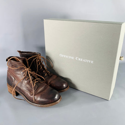 OFFICINE CREATIVE Size 8 Thubble Devil Bootie Brown Leather Lace-Up Boots