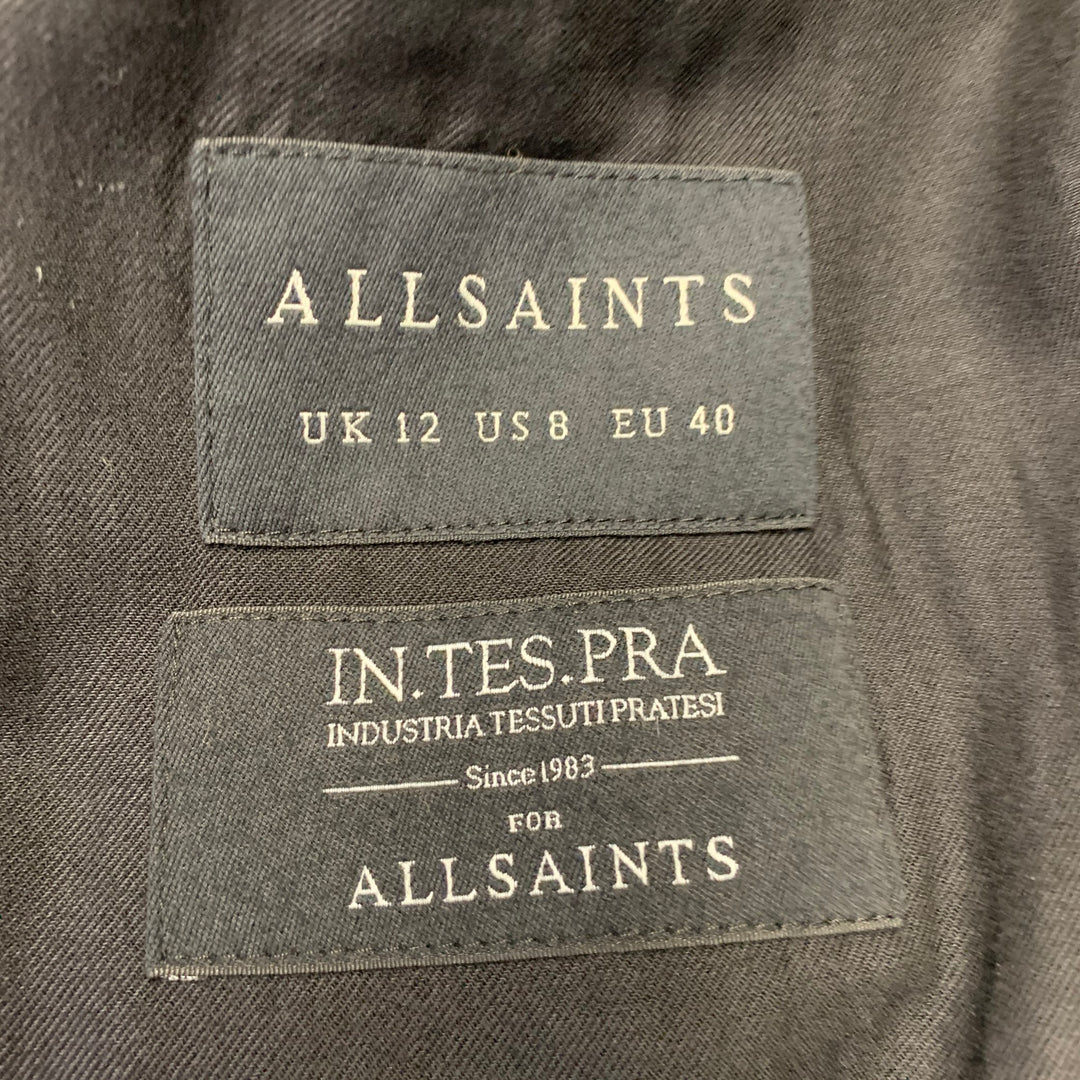 ALLSAINTS Size 8 Black White Wool Blend Checkered Double Breasted Belted Coat