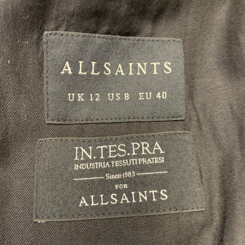 ALLSAINTS Size 8 Black White Wool Blend Checkered Double Breasted Belted Coat
