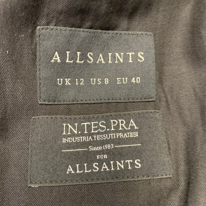 ALLSAINTS Size 8 Black White Wool Blend Checkered Double Breasted Belted Coat