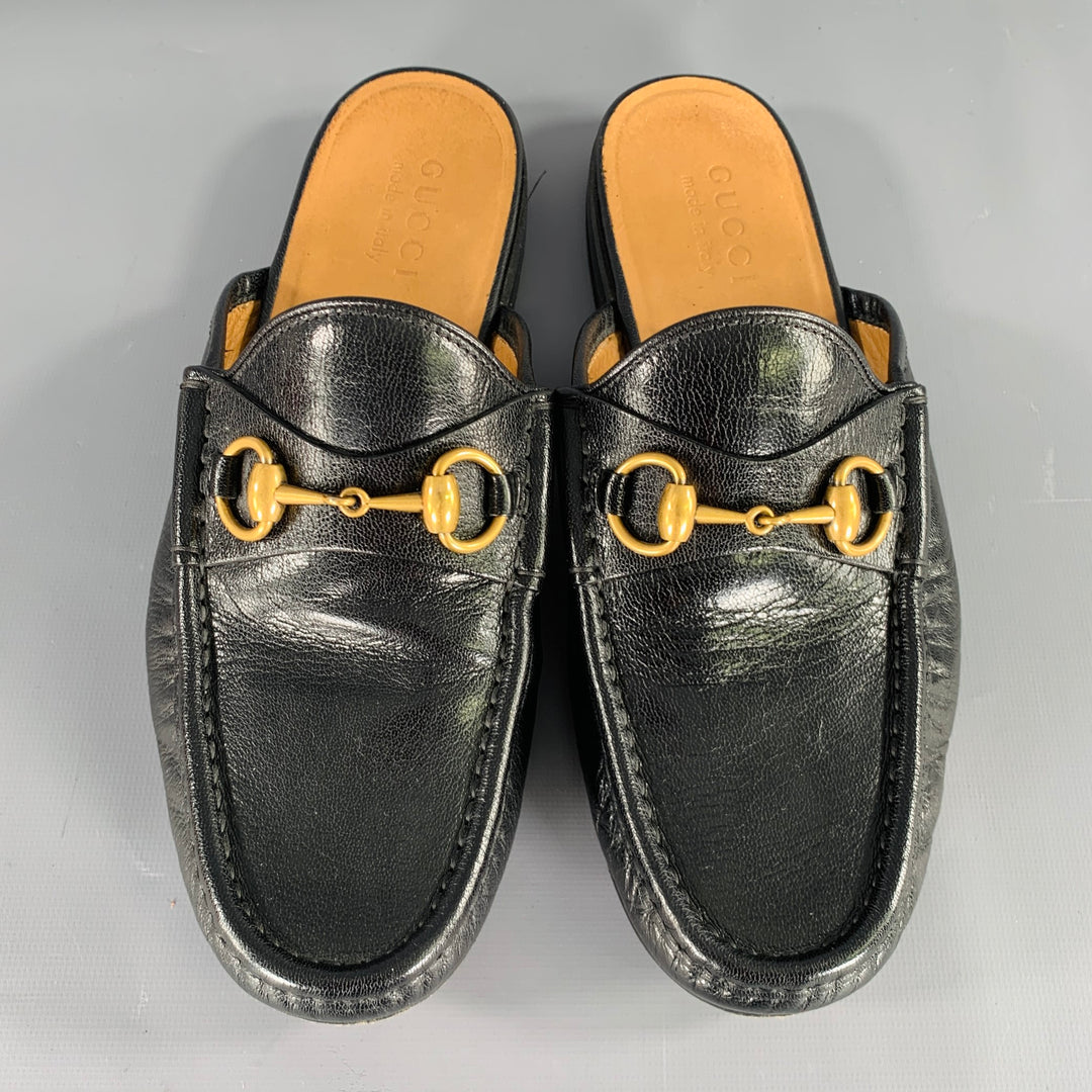 GUCCI Size 7.5 Black Gold Leather Horsebit Slip On Loafers  display picture 1