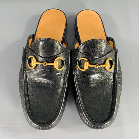 GUCCI Size 7.5 Black Gold Leather Horsebit Slip On Loafers
