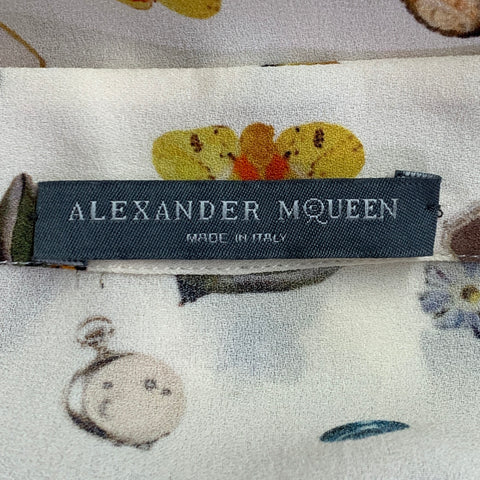 ALEXANDER MCQUEEN Size L Obsession Cream Multi Color Silk Print Collarless Blouse