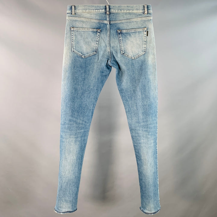 SAINT LAURENT Size 30 Blue Distressed Cotton Blend Twill Slim Tapered Jeans
