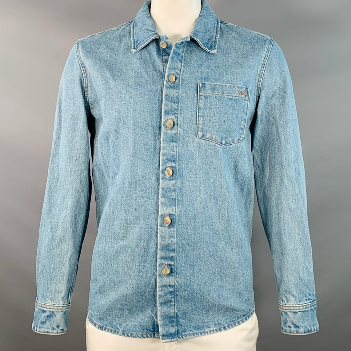 A.P.C. Size L Blue Wash Denim One Pocket Long Sleeve Shirt