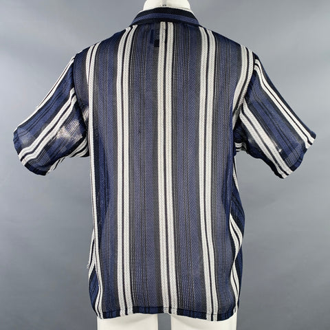 BRAIN DEAD Size M Navy Black White Stripe Polyester Blend Short Sleeve Shirt