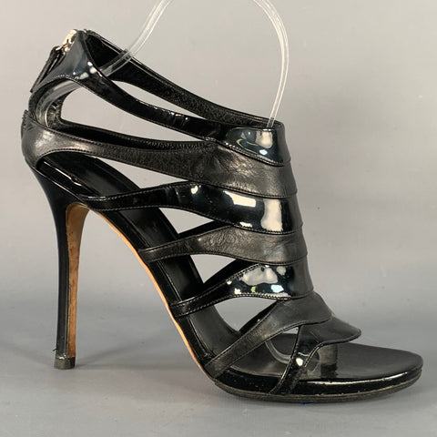 GUCCI Size 9.5 Black Leather Patent Leather Back Zipper Cage Sandals