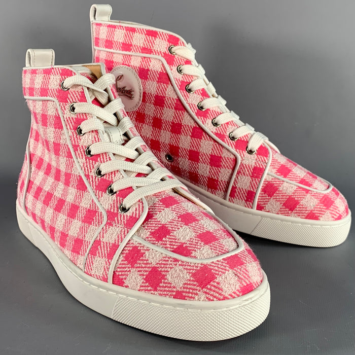 CHRISTIAN LOUBOUTIN Size 9 Pink White Checkered Fabric High Top Sneakers