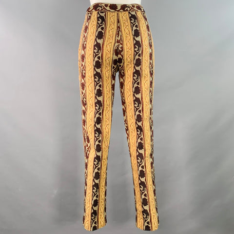 OZBEK Size 6 Burgundy Beige Polyester Blend Jacquard Tapestry Skinny Dress Pants
