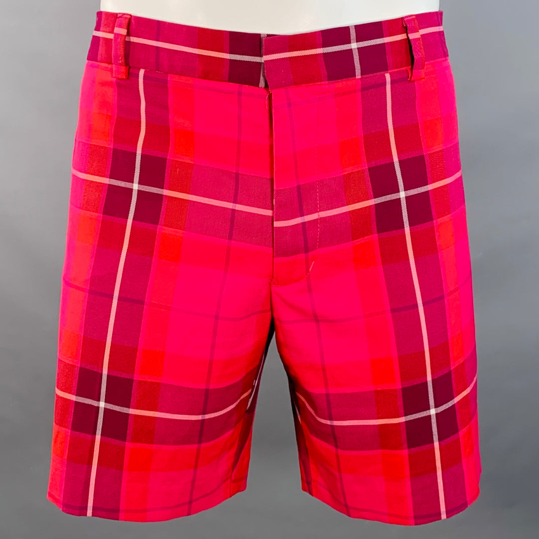 MR TURK Size 36 Red Fuchsia Plaid Polyester Blend Zip Fly Shorts