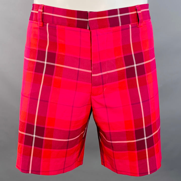 MR TURK Size 36 Red Fuchsia Plaid Polyester Blend Zip Fly Shorts