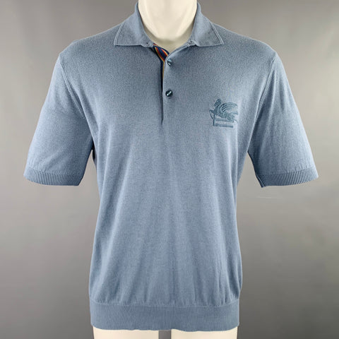 ETRO Size M Blue Embroidery Knit Short Sleeve Polo