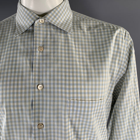 ERMENEGILDO ZEGNA Size XXL White Blue Green Gingham Cotton Cutaway Long Sleeve Shirt