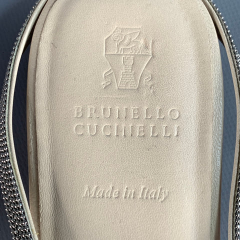 BRUNELLO CUCINELLI Size 10 Beige Silver Leather Monili Slip On Flats