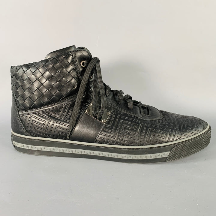 GIANNI VERSACE Size 11 Black Greca Leather High Top Sneakers