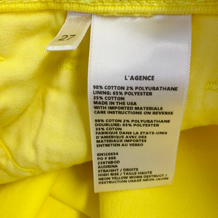 L'AGENCE Size 27 Yellow Cotton Blend Distressed Zip Up Jeans