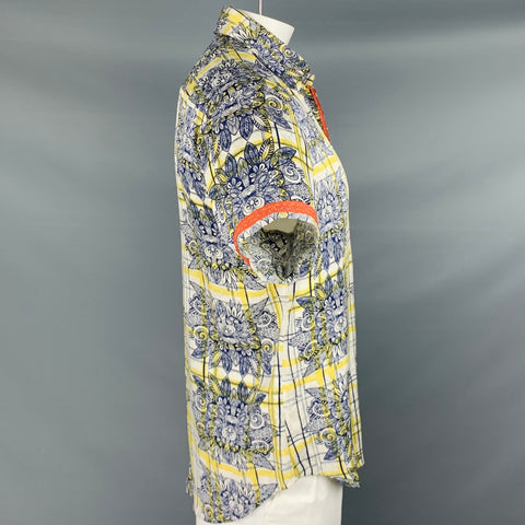ROBERT GRAHAM Talla L Camisa de manga corta con botones de seda con estampado amarillo marino blanco