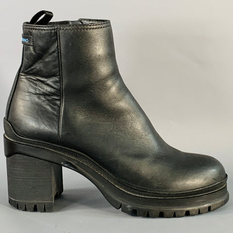 PRADA Size 6 Black Leather Tread Sole Stacked Heel Boots