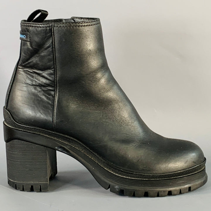 PRADA Size 6 Black Leather Tread Sole Stacked Heel Boots