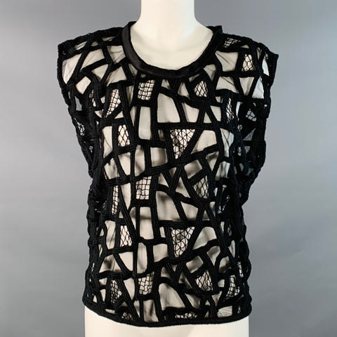 IRO Size 8 Black Mesh Geometric Sleeveless Crew Neck Casual Top
